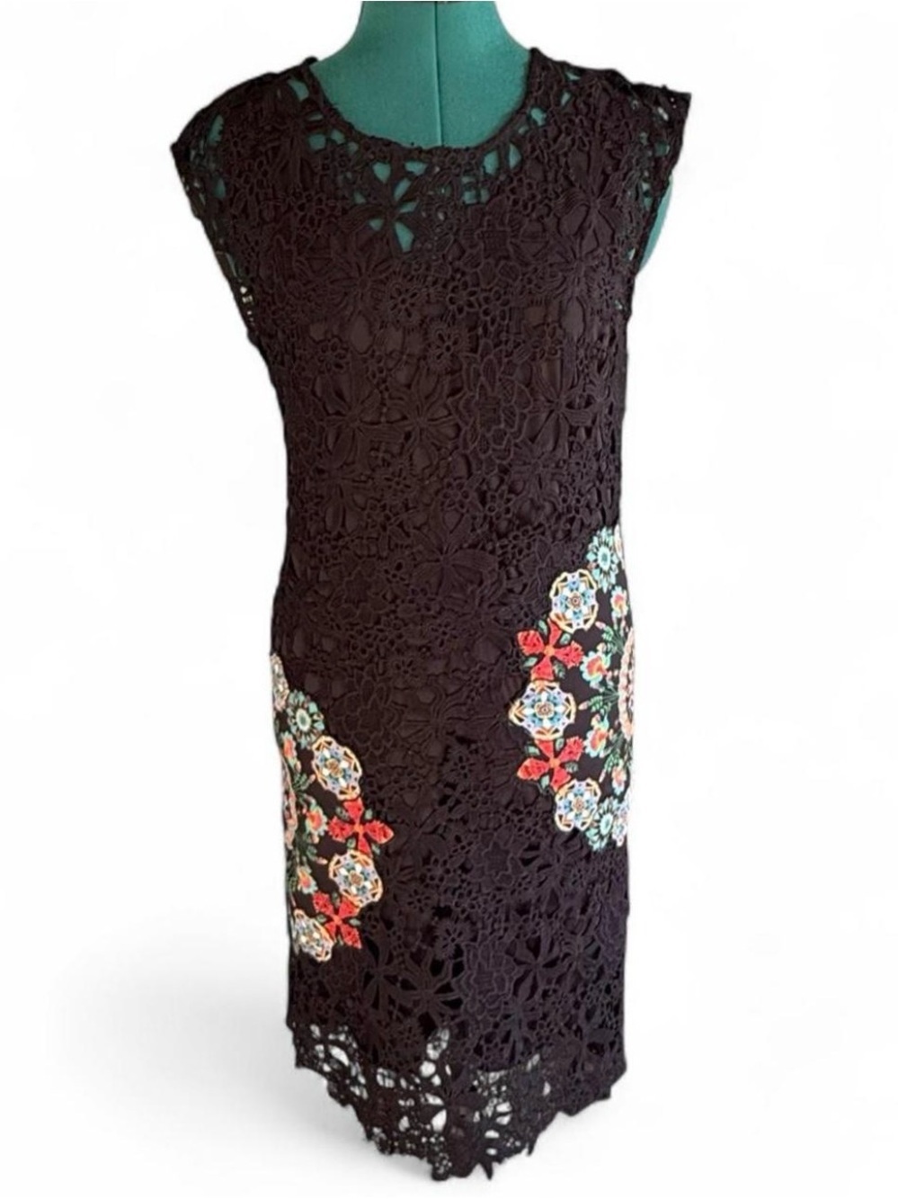 Desigual Black Crochet Midi Dress with Floral Embellishments